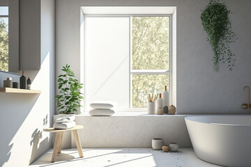Bathroom corner with huge rectangular window, bathtub, and tiny chair with self-care goods. Cleanness. Mockup. Generative AI