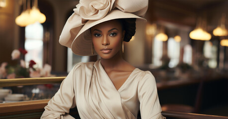 Beautiful black woman in white dress and hat.fashion portrait. 