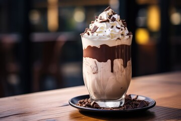 A refreshing glass of iced chocolate garnished with whipped cream and cocoa powder, served on a rustic wooden table in a cozy cafe during a hot summer afternoon
