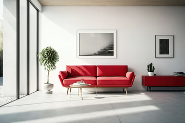 frameless horizontal a Scandinavian-style living room mockup with a red sofa, wooden coffee tables, white walls, and exposed concrete floors,. Generative AI