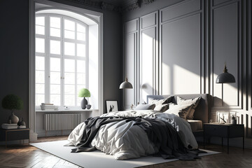 High-floor bedroom with classic wall decoration and morning sunlight from high window. Generative AI