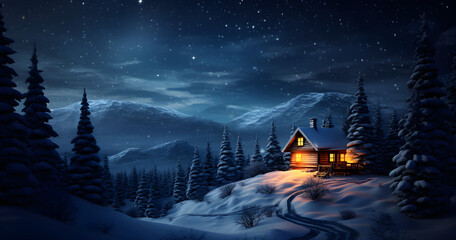 Winter Wonderland, Starry Night Cabin in a Snowy Christmas Forest