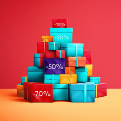 3D illustration of colorful gift boxes with percent discount on orange and red background