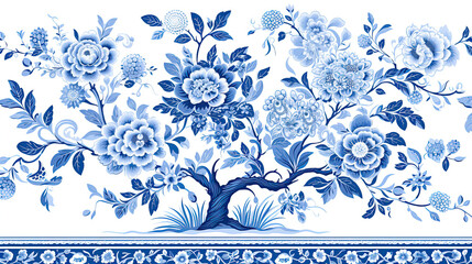 Blue Willow seamless Pattern, Chinese Blue Willow Motifs, Scrapbooking, Chinoiserie digital seamless paper - obrazy, fototapety, plakaty