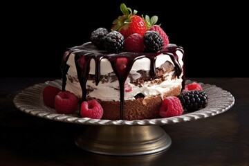 Fototapeta na wymiar Vegan Chocolate Cake with Ganache, Fresh Berries and Coconut Whipped Cream
