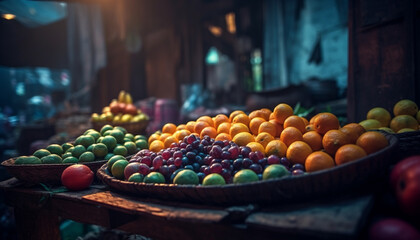 Freshness and abundance of organic fruit on a wooden table generated by AI - obrazy, fototapety, plakaty
