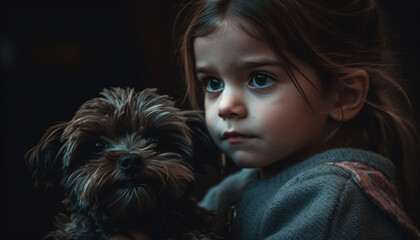Cute small dog, portrait of a child with her puppy generated by AI