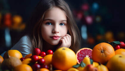 Fototapeta na wymiar A cute child smiling, enjoying fresh fruit, indoors with family generated by AI