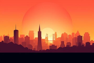 Stunning sunrise over San Francisco depicted in a minimalist poster. Generative AI