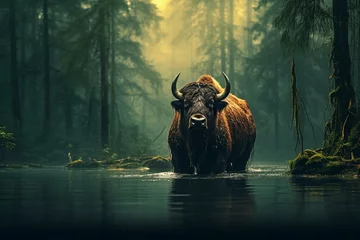 Foto op Canvas An image of a buffalo in water with a forest backdrop. Generative AI © Adelais