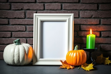 Halloween pumpkins, a lantern, and autumn leaves in a white picture frame on a table close to a brick wall. Generative AI