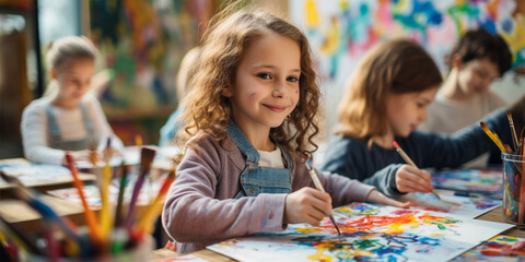 Cheerful girl drawing at school. children at a drawing lesson - obrazy, fototapety, plakaty