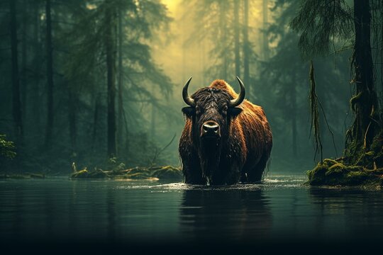 An image of a buffalo in water with a forest backdrop. Generative AI