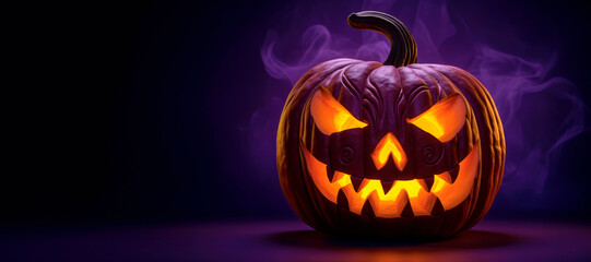 Handmade Halloween Tradition: Spooky Carved Pumpkin Jack-o'-Lantern with Eerie Candlelight, Featured on a Creepy Purple Background.

