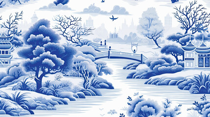 Blue Willow seamless Pattern, Chinese Blue Willow Motifs, Scrapbooking, Chinoiserie digital seamless paper - obrazy, fototapety, plakaty