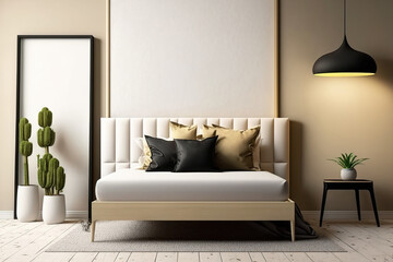 Bright bedroom mockup, velvet and wooden bed in beige background, wall mockup in neutral colors room interior, illustration. Generative AI