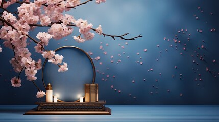 Luxury Chinese podium mockup with flower on the glitter background AI Generative - obrazy, fototapety, plakaty
