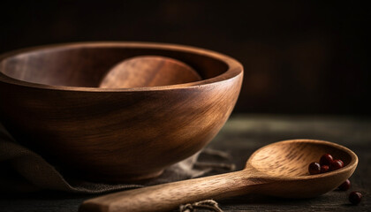 Wooden spoon and rustic bowl hold fresh organic food in kitchen generated by AI