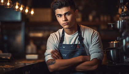 Fototapeta premium Confident barista, young man, expertly working in coffee shop generated by AI