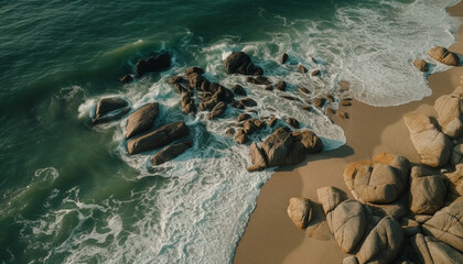 Fototapeta na wymiar Tranquil scene, breaking wave, coastline, sunset, water, rock, sand generated by AI