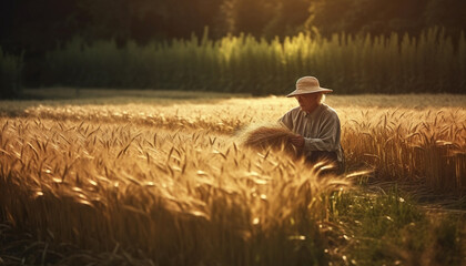 Agriculture, nature, farmer working in wheat field under summer sunset generated by AI