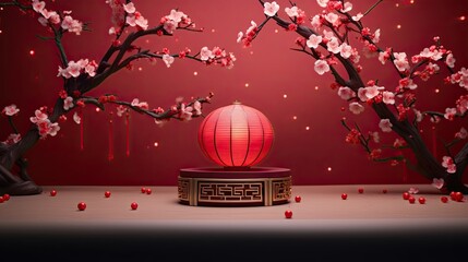 Luxury red Chinese podium mockup with flower on the red glitter background AI Generative
