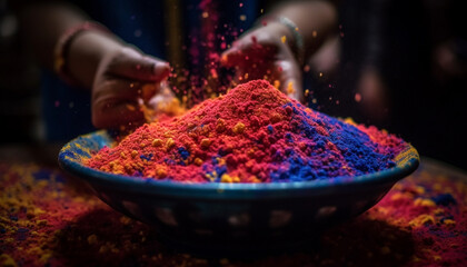 Human hand cooking spice in bowl, men heat colors working generated by AI