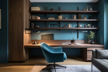 Contemporary workspace in shades of blue and brown. Generative AI