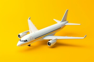 Isolated white airplane on yellow background. Generative AI