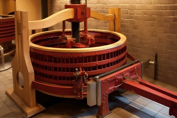 Traditional winepress with red must and helical screw for filtering grape must. Generative AI - obrazy, fototapety, plakaty