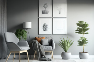 Posters are displayed in a gray room with four photo frames, a chair, and plants. Generative AI