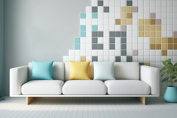 Geometric square mosaic graphic effect with copy space for text, presentation template, mockup idea, pastel-colored living room with sofa, lounge, carpet, concept interior design, illustration