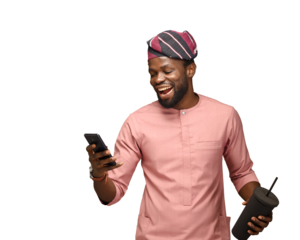 PNG of African American Happy black guy taking mobile selfie looking at smartphone with fingers about to click open copy space, brown background.
