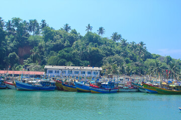 Fototapeta na wymiar Close up on the fishing boats on the coast of Mirissa, Sri Lanka.