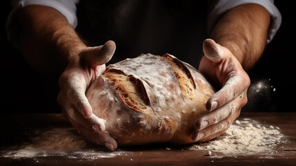 Baker’s hands holding a loaf of fresh rustic bread. Baking healthy homemade bread. Traditional cuisine.