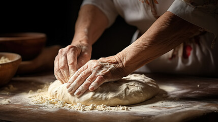 Hands of an elderly woman making dough to bake bread, pies, and pastries. Traditional cuisine. - obrazy, fototapety, plakaty