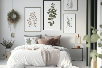 cozy Scandinavian-style bedroom with shadows on the wall and imitation poster frames. concept for home decoration. Generative AI - obrazy, fototapety, plakaty