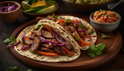 Mexican culture on a plate  homemade beef taco with guacamole generated by AI