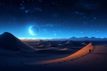 Soothing dunes create serene desert scenery. Night sky filled with blue gradient stars. Generative AI