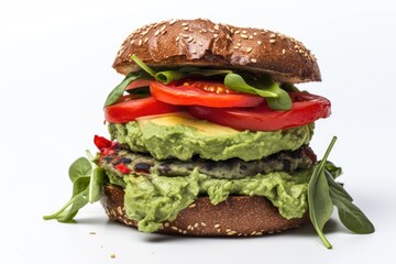 The Gourmet Experience Burger - A Vegan Delight: An Extreme Close-Up Revealing a Vegan Patty, Goat Cheese, Roasted Red Peppers, Spinach, and Creamy Avocado Spread, Isolated on a White Background

