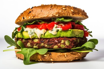 The Gourmet Experience Burger - A Vegan Delight: An Extreme Close-Up Revealing a Vegan Patty, Goat Cheese, Roasted Red Peppers, Spinach, and Creamy Avocado Spread, Isolated on a White Background

 - obrazy, fototapety, plakaty
