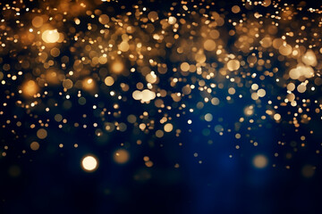 Abstract festive background with shimmering gold particles and twinkling lights and bokeh effect on a blue background.