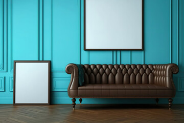 Blue wall in contemporary living room is bare. Classic interior design mockup. Copy room for your poster or picture. Model for a piece of art. Wall molding, a brown leather sofa, and a parquet floor