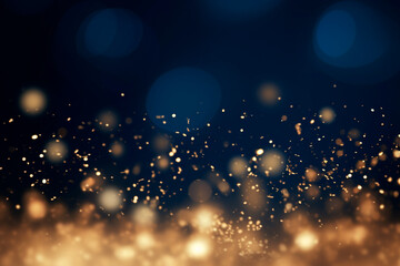 Fototapeta na wymiar Abstract festive background with shimmering gold particles and twinkling lights and bokeh effect on a blue background.
