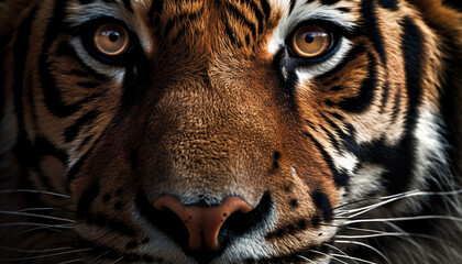 Fototapeta premium Majestic tiger staring, its striped fur a beauty in nature generated by AI