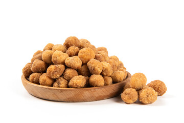 flavored peanuts isolated on white background.Crunchy Peanut in a plate.