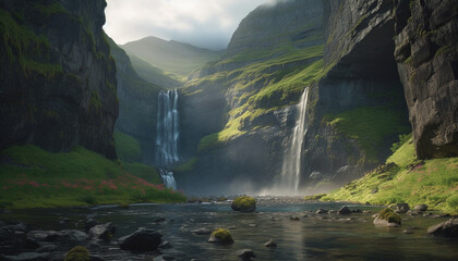 Majestic mountain range, flowing water, tranquil scene, natural beauty, adventure generated by AI