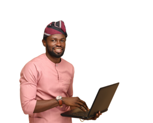 png of African American IT entrepreneur testing an app from an in house studio