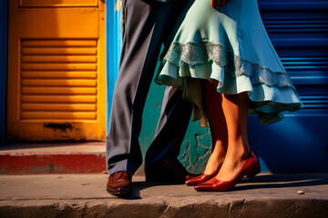 Close up view of the legs of a tango couple in the streets of Buenos Aires, Argentina - obrazy, fototapety, plakaty