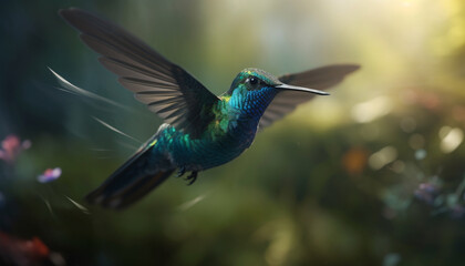 Obraz premium Hummingbird hovers, spreading iridescent wings, pollinating flowers in vibrant nature generated by AI